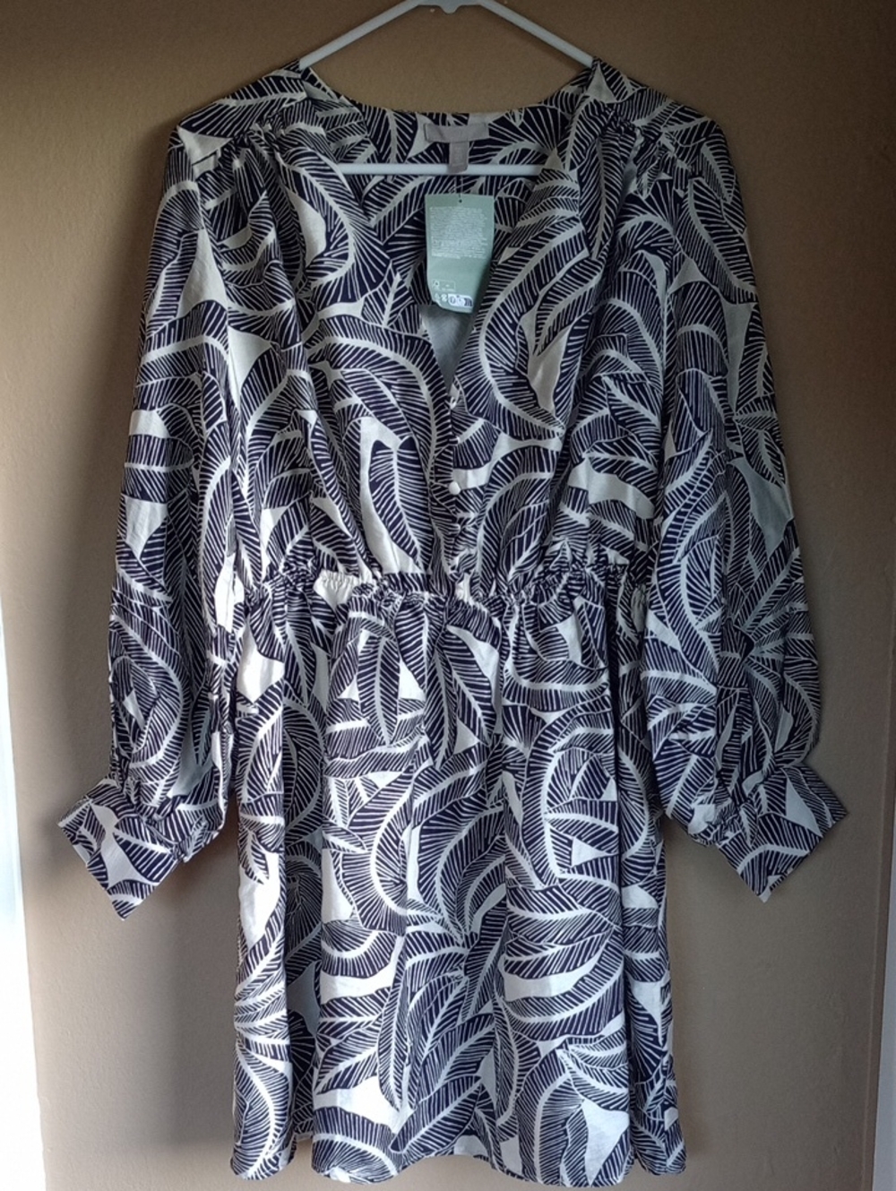 H&M Black And White Tropical Mini Peasant Style Blouse Dress Size L NEW TAGS
